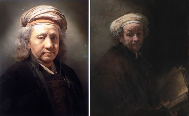 Left: Self-portraits through Art history. Rembrandt testament. Yasumasa Morimura. Right: Self-portrait as Saint Paul. Rembrandt