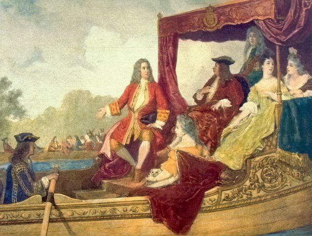 Edouard Jean Conrad Hamman (1819-1888) - P.M. History. Januar 2006, S. 29. Painting of George Frideric Handel (left, with right arm extended) with King George I of Great Britain, traveling by barge on the Thames River while musicians play in the background. The painting is an artist's rendering of the first performance of Handel's Water Music in 1717.