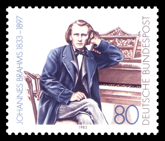 Stamp for hundredfifty years of birth of Johannes Brahms (1833-1897). Scanned by NobbiP