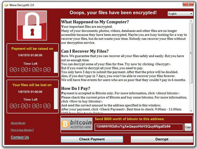 Экран компьютера, зараженного вирусом-шифровальщиком WannaCry (Wana Decrypt0r).