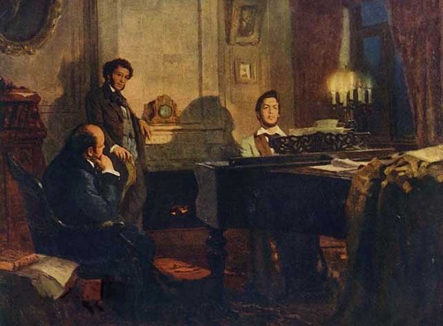 V. Artamonov. Pushkin and Zhukovsky visit Glinka