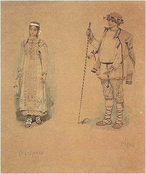 Эскизы костюмов Снегурочки и Леля, выполненные В. Васнецовым