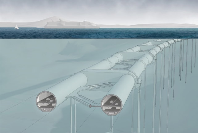 Плавучий бетонный туннель, прикрепленный к морскому дну. Рисунок: NPRA