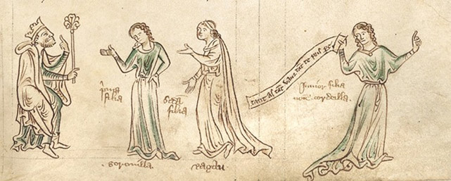 Король Лир и его дочери, иллюстрация из Большой хроники (Chronica Majora), написанной монахом-бенедиктинцем Матвеем Парижским в XIII веке