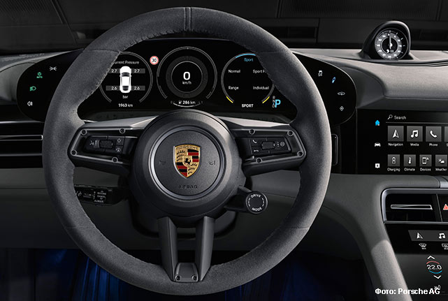 Интерьер Флагманский электрического Porsche Taycan. Фото: Porsche AG