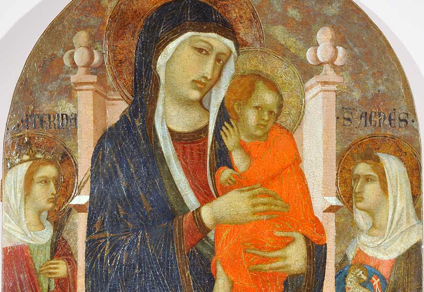 Пьетро Лоренцетти. Мадонна с Младенцем и святыми Агнесой и Екатериной, 1305-1345, Сиена