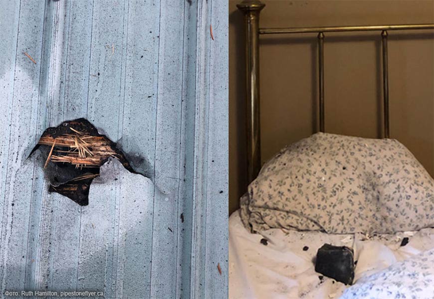 Слева - дыра в потолке, оставленная метеоритом, справа сам метеорит на кровати женщины. Фото: Рут Гамильтон.