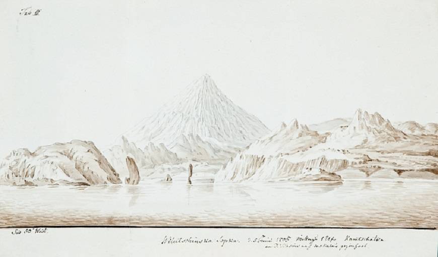 В. Г. Тилезиус фон Тиленау. Вид побережья Камчатки. 1805 г. Бумага, сепия, чернила, кисть, перо