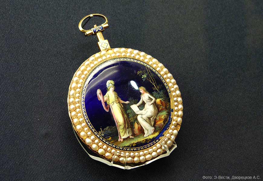 Часы карманные, Франция, Париж, 1778-1790, Gregson Pierre (золото, жемчуг, эмаль, медь, стекло, живопись)
