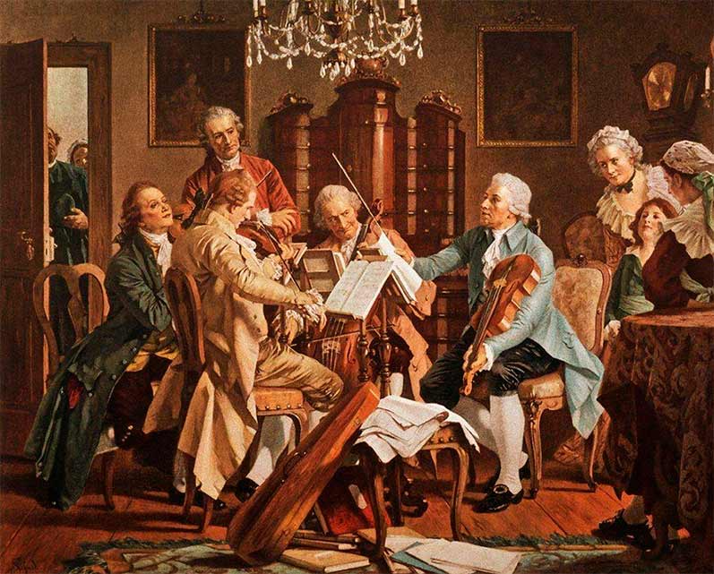 «Йозеф Гайдн управляет струнным квартетом». Картина неизвестного художника из собрания StaatsMuseum в Вене. Композитора называют одним из создателей жанров симфонии и струнного квартета.