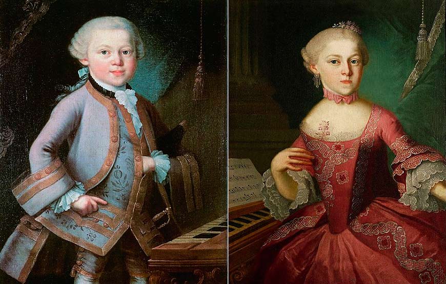 Юные Вольфганг Амадей и Мария Анна (1760-е годы). Портреты работы П.А. Лоренцони. Дети одеты в придворные костюмы, которые им подарили при дворе Марии Терезии. Так как маленькие дети не смогли бы долго позировать художнику, он сначала нарисовал фон и одежду, а уже потом срисовал портреты юных музыкантов.