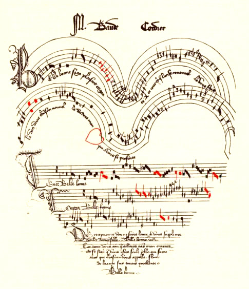 Музыка для глаз – так можно назвать эксперименты композиторов с расположением нотных станов на листке бумаги. Активно это направление было развито в ХХ веке, но пионером смело следует назвать Буада Кордье (XIV век) – композитора позднего Средневековья. Его мотет «Belle, Bonne, Sage» оригинально записан в форме сердца.