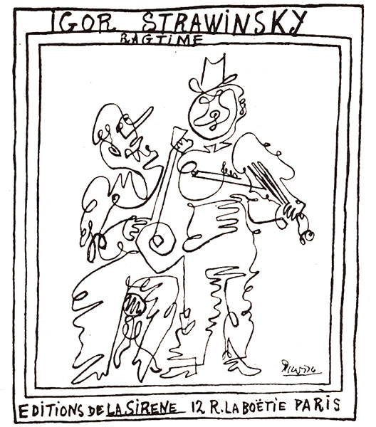 В 1918 году Пикассо нарисовал обложку для «Регтайма» Стравинского. Все фигуры на ней нарисованы единой линией без отрыва карандаша.