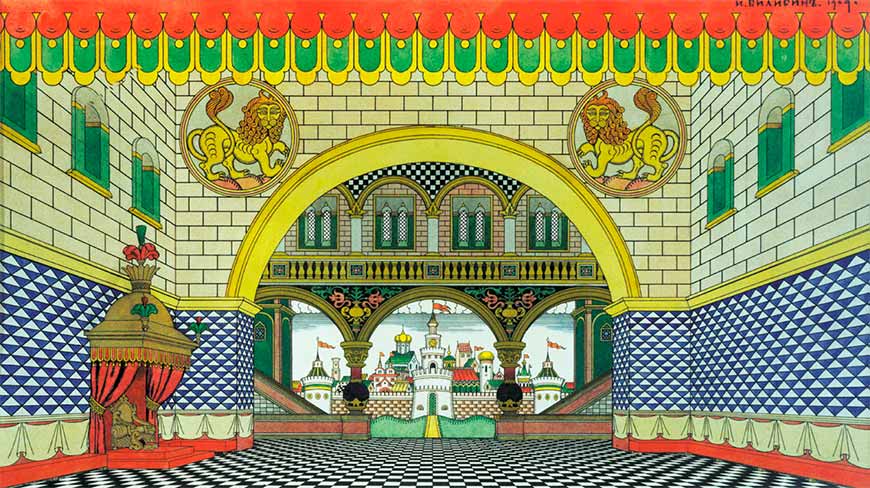 Эскизы декораций и костюмов для премьеры готовил Иван Билибин – гений сказочных иллюстраций, созданных на основе старинных узоров и традиций.