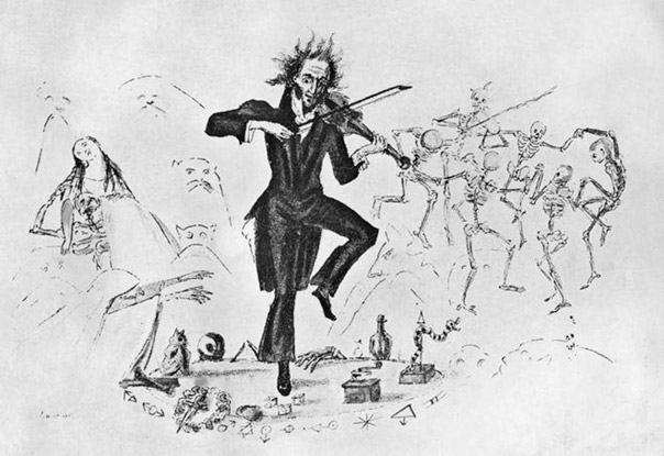 Карикатура И.П. Лизера запечатлела Паганини в окружении потусторонних сил, сопровождающего своей демонической игрой пляску самой Смерти в исполнении скелетов.