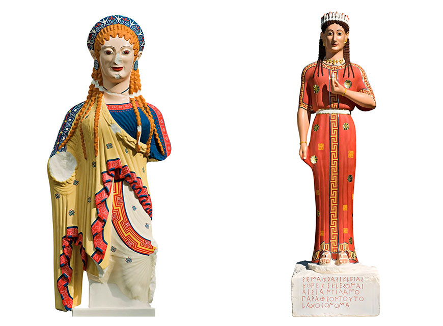 Реконструкция так называемой Коры с острова Хиос, Афинский Акрополь и реконструкция мраморной погребальной статуи Коры Фрасиклеи