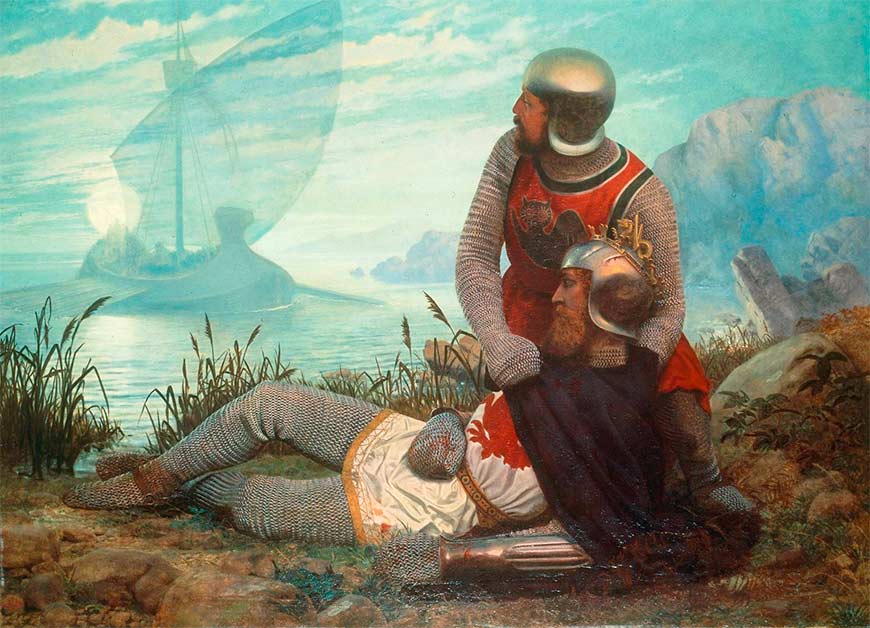 Джон Гаррик, «Смерть Артура», 1862. Картина изображает лодку, прибывающую, чтобы отвезти умирающего Артура на Авалон после битвы при Камланне.