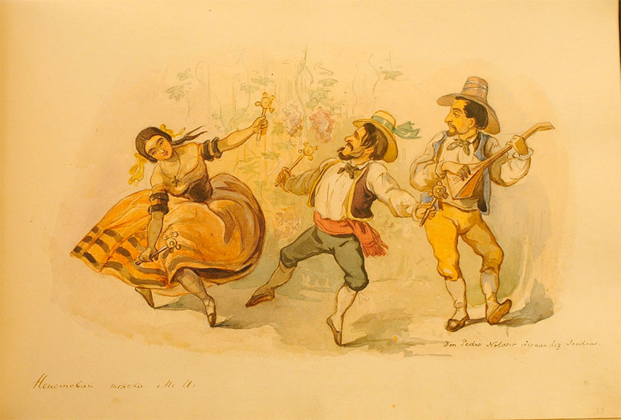 Дружеская карикатура художника Николая Степанова, озаглавленная «Неистовая пляска М.И.», изображает танец Глинки под аккомпанемент гитары «дона Педро»