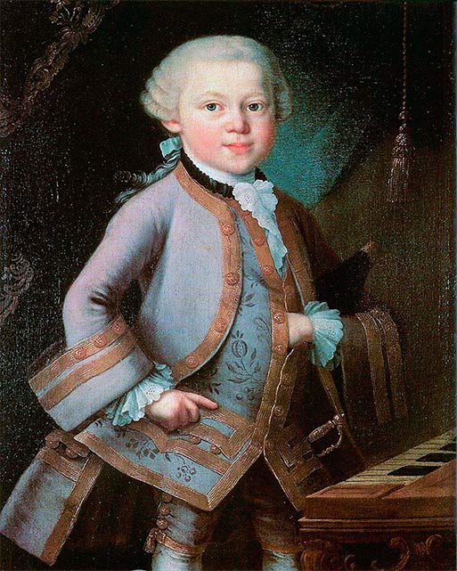 Шестилетний Вольфганг Амадей Моцарт в костюме, подаренном ему императрицей Марией Терезией. Неизвестный художник, 1763.