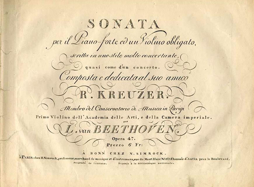 Титульный лист первого издания Сонаты №9 для скрипки с оркестром с посвящением Р. Крейцеру (1805)