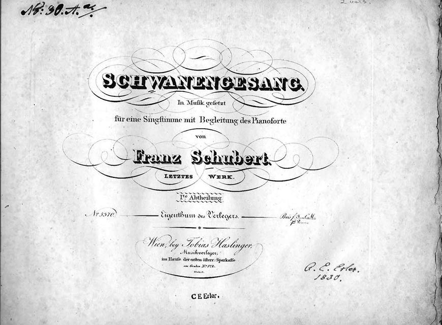 Титульный лист первого посмертного издания цикла «Лебединая песня», 1829