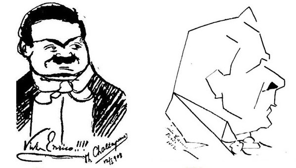 Оба певца любили рисовать карикатуры. Слева – Карузо в рисунке Шаляпина (1908), справа – Шаляпин в глазах Карузо (1912).