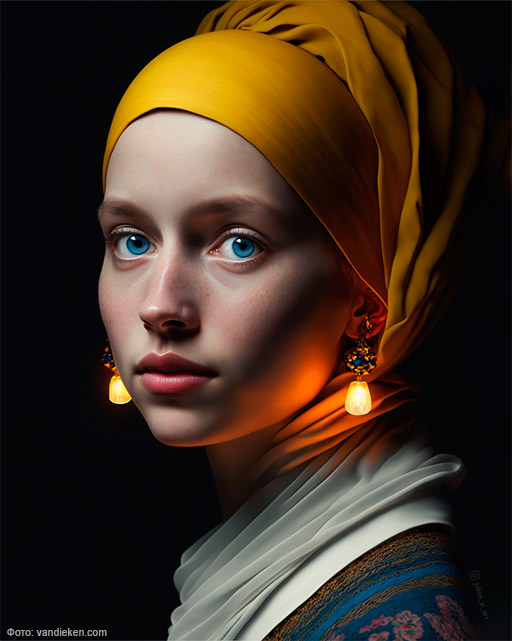 Девушка с жемчугом, придуманная Джулианом Ван Дикеном с помощью искусственного интеллекта.