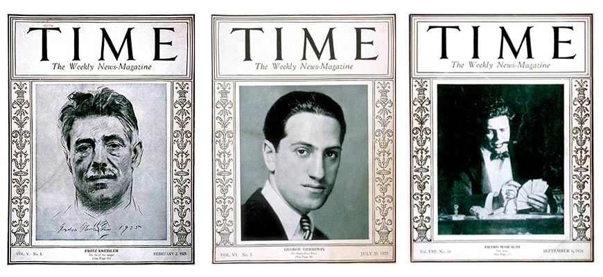 Фриц Крейслер, Джордж Гершвин и Пьетро Масканьи на обложке журнала 1920-х годов.