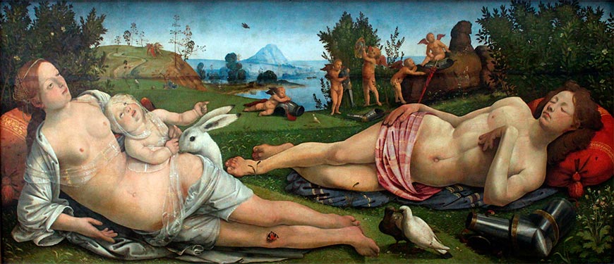 На этой картине итальянского художника Пьеро ди Козимо, изображающей Венеру, Марс и Купидона, изображен белый заяц.