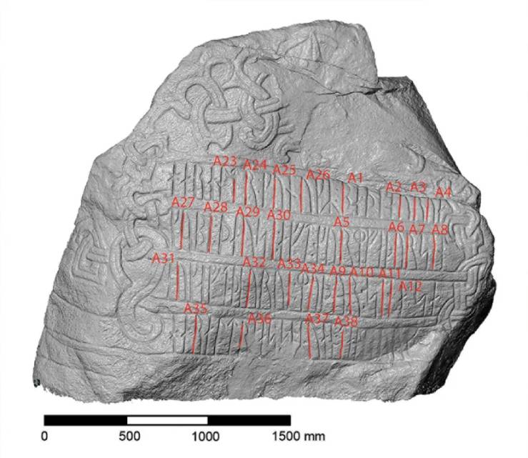 Исследователи из Дании и Швеции использовали 3D-сканирование для анализа резьбы на рунических камнях. Это 3D-модель большого Эллинг-камня.