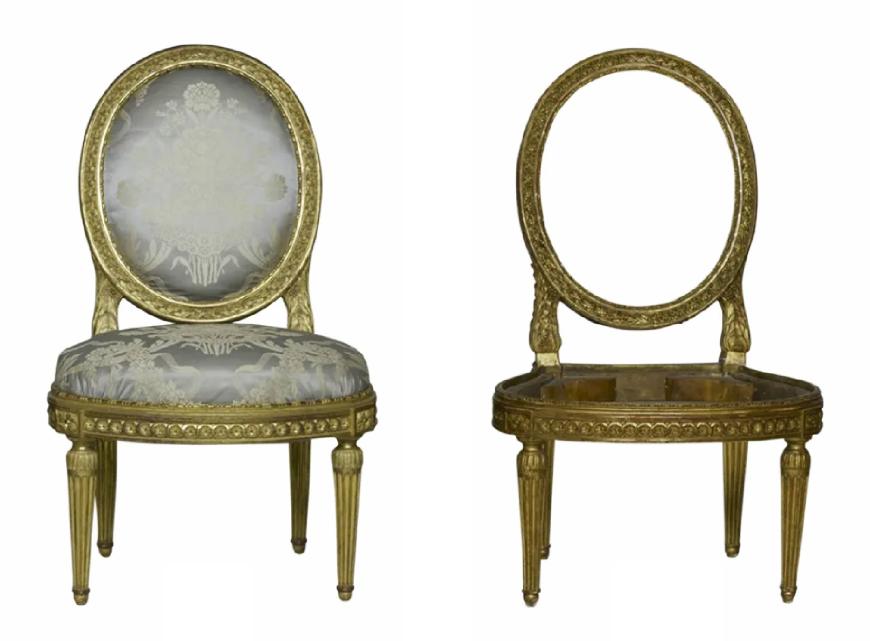 Слева - подделка стула Мадам Дюбарри, проданная Лувру. Справа - оригинальный стул, изготовленный Луи Делануа в 1769.