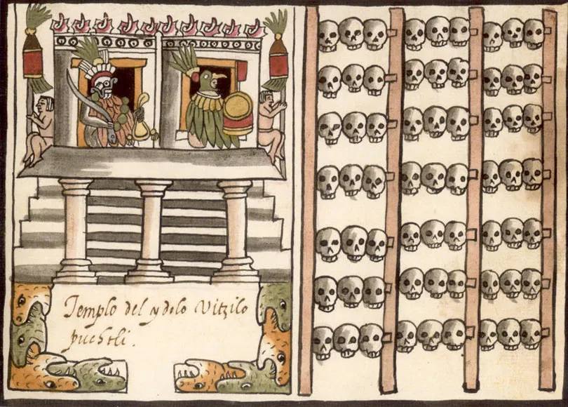 Слева - два изображения бога войны Уицилопочтли. Справа изображена башня черепов из рукописи Хуана де Товара 1587 года