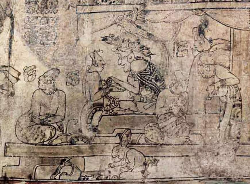 Близнецы-герои Хунахпу и Шбаланке советуются с Богом. Керамический кодекс, Художественный музей Университета Вирджинии.