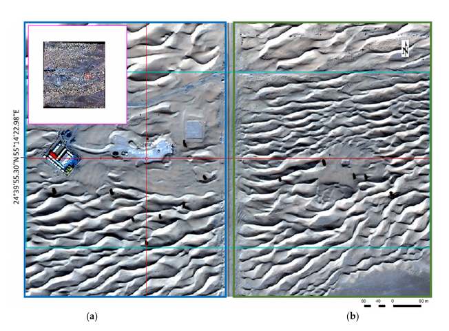 Ортомозаика в формате RGB, выполненная в сбалансированном цвете, на участке Сарук-аль-Хадид, расположенном в области подвижных дюн на северо-восточной окраине пустыни Руб-эль-Хали, сделанная 26 ноября 2019 года. (а) Западная зона наблюдения. (b) Восточная зона наблюдения.