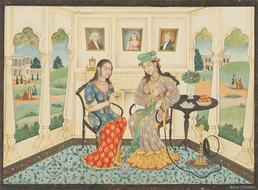 Две дамы в экзотических платьях в павильоне, начало 19 века