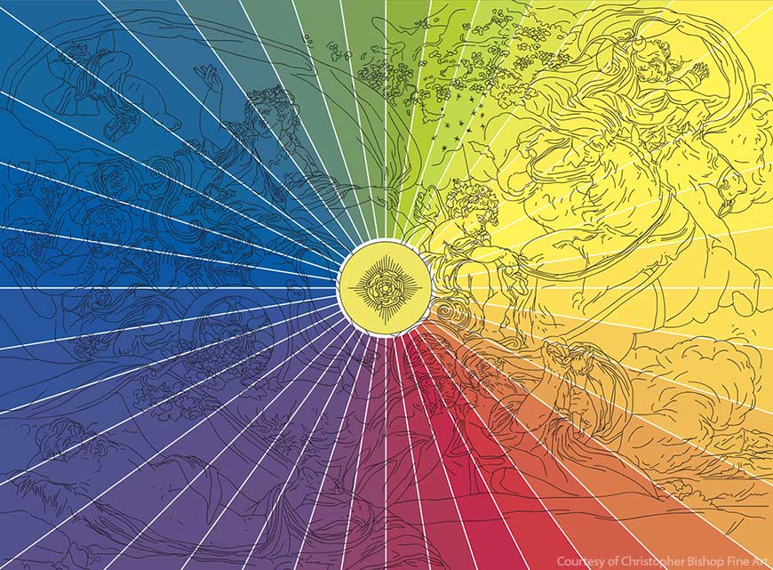 Рисунок картины Феделе Фишетти "Триумф ночи", иллюстрирующий соответствие между цветовым кругом и алхимическими стадиями.