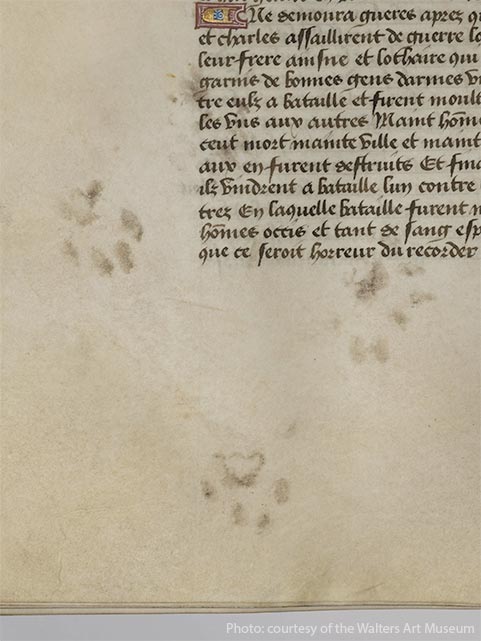 Манускрипт 15-го века с характерными отметинами игривой кошки.